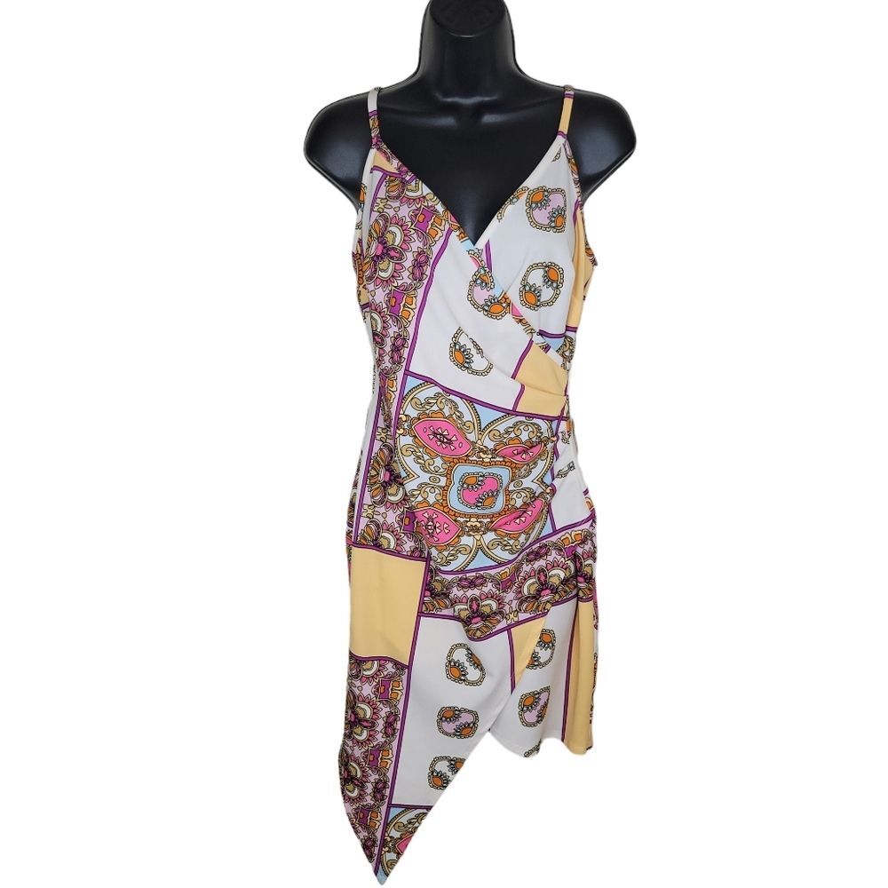 VENUS Asymmetrical Color Block Cinched Draped Faux Wrap Mini Dress Small